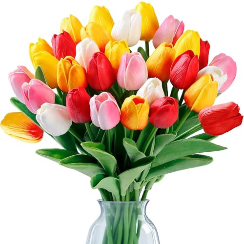 Sggvecsy Künstliche Tulpen, fühlen Sich echt an, PU-Kunstblumen, Tulpenstiele für Hochzeit, Frühlingsstrauß, Blumenarrangement, Zuhause, Party, Büro, Dekorationen für Muttertag (Mehrfarbig), 30 Stück