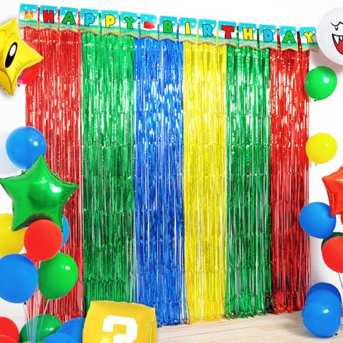 Super Bros Geburtstagsparty-Dekoration, 2 Stück, rot, grün, blau, gelb, 1 x 2 m, Folien-Fransenvorhänge, Lametta, Foto-Requisiten, Luftschlangen, Hintergrund für Videospiel, Mario-Thema,