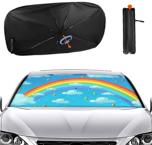 Pare-soleil pour pare-brise avant de voiture 2024 amélioré - Parapluie arc-en-ciel nuages gouttes de pluie - Pare-soleil bloquant automatiquement la fenêtre