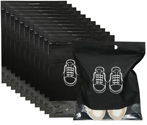 ACEBON 12 pezzi Non Tessuto Sacchetti Scarpe da viaggio Nera Impermeabile Antipolvere Sacchetti per Calzature con Finestrella Trasparente 35x44cm