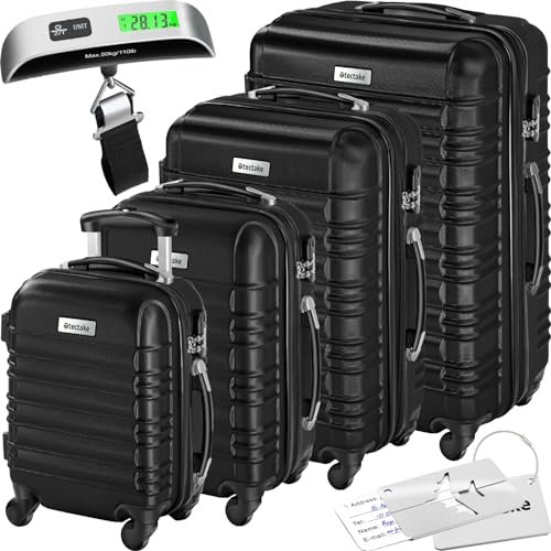 tectake® 4tlg. Hartschalenkoffer Set, Reisekoffer Set mit Rollen, Hartschale aus ABS, Koffer Set mit Teleskopgriff und Schloss, inkl. Kofferwaage und Kofferanhänge, Trolley Größen S-M-L-XL - schwarz