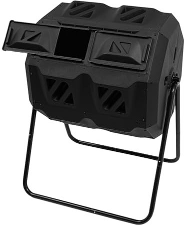 Composteur à deux chambres, capacité de 160 l, système Easy-Turn, 2 portes coulissantes, cadre en acier robuste, bac à compost toutes saisons, noir
