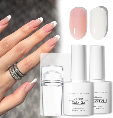 French Manicure Kit - 2PCS White & Pink Gel Nail Polish with Nail Stamp Nail Scraper, French Nails French Tip Stamp Nail Art Tools Nail Accessories Gel Nail Kit