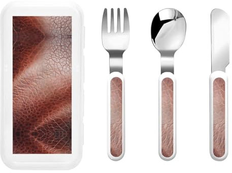 Utensilios de impresión artística de cuero vacuno marrón, juego de tenedor y cuchara, ideal para el almuerzo escolar, viajes y actividades al aire libre