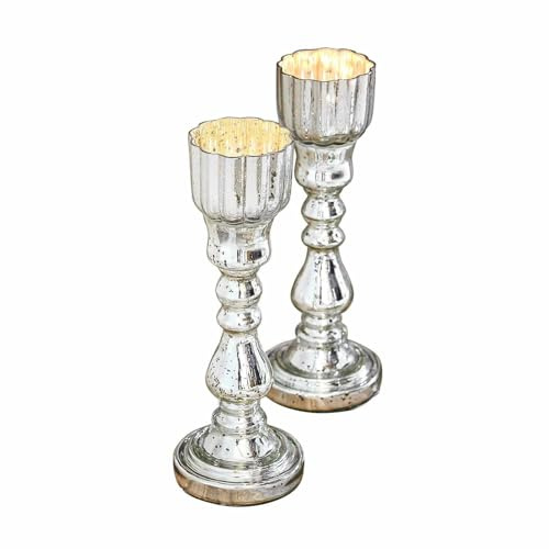 Loberon Kerzenständer 2er Set Velanor, Mundgeblasen, Glänzendes Bauernsilber-Finish, Anmutige Form, Kerzenhalter, Dekoration, Glas, antiksilber
