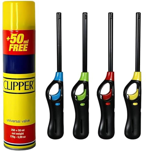 ANGIX 4 x BBQ Lighters with 1 Clipper Gas, Universal Refill Fluid for Lighters, Refillable Safety Gas Fire Lighter for Kitchen, Barbecue, Candles, Camping, Cookers, BBQs & Fireworks (Assorted Colors)