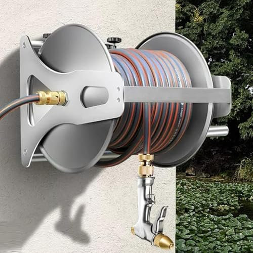 PP-Vic Carro para Colgar Mangueras, Carro para Mangueras con Asa, Carrete para Mangueras Compacto, Carrete para Mangueras De Jardín De Acero Inoxidable,50m