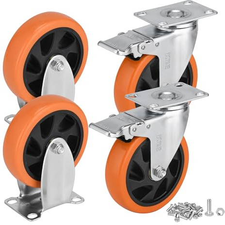 5 Inch Caster Wheels Set of 4 (2 Rigid, 2 Swivel with Brakes), 360 Degree Rotatable, Lockable Plate Caster Wheels with Brakes for Workbench, Cart, Furniture, Load 2400lbs