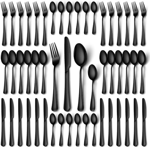 Black Cutlery Set, NINIROR 48 Pieces Stainless Steel Flatware Set for 12 People, Tableware Silverware Set with Spoon Knife and Fork Sets for Home Kitchen, Mirror Polished Dishwasher Safe