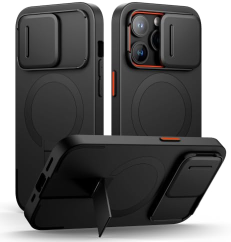 SURITCH Magnetisch hülle Kompatibel mit iPhone 14 pro, Stoßfest Handyhülle Kratzfest Schutzhülle mit Kameraabdeckung schieben und verstellbarem Kickstand(schwarz)
