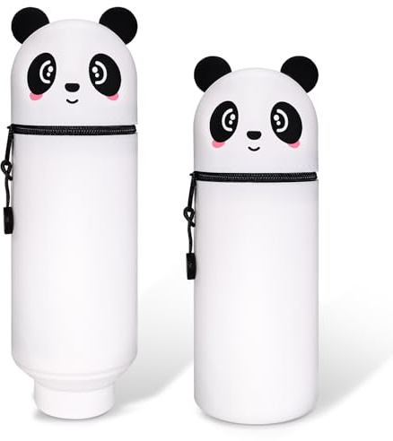 Mexgcom-Weiche Silikontasche Federmäppchen Lebensmittelqualität, Kawaii 2 in 1 Tier Stifthalter Bleistifttasche, Reißverschluss, Tischstifthalter Einziehbar, Geeignet für Jungen und Mädchen (Panda)