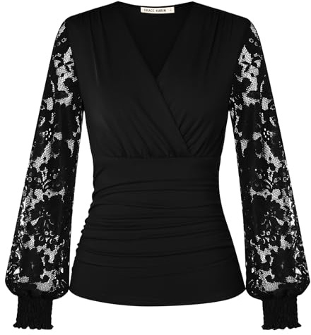 GRACE KARIN Women’s Long Sleeve Tops Lace Ruched Wrap Blouses Shirts | Dressy Casual Top with Long Lace Sleeves, Ruched Surplice V-Neck Blouse, Stretchy Hip Length Shirt, Elegant Tops for Women UK