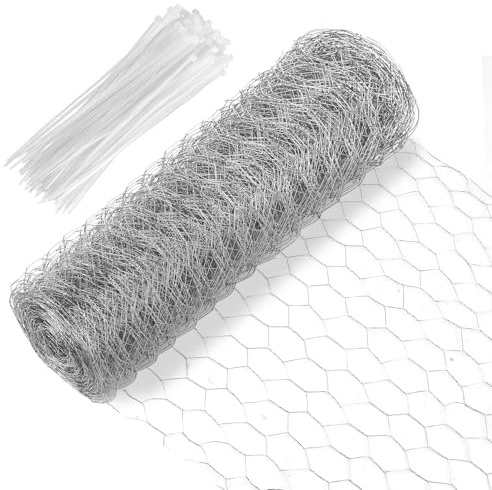 Chicken Wire Mesh Roll 40cm x 12M, Galvanised Wire Netting for Pet Rabbit Cage Poultry Chicken Fencing Aviary Fence Plant Net, with 100 Pcs Cable Ties
