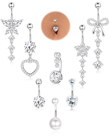 FIASASO 8 Pcs Belly Button Ring Dangle Hypoallergenic Surgical Stainless Steel Belly Rings for Women CZ Pearl Heart Butterfly Bow Flower Navel Piercing Jewelry Dangly Curved Navel Ring 14G silver 10mm