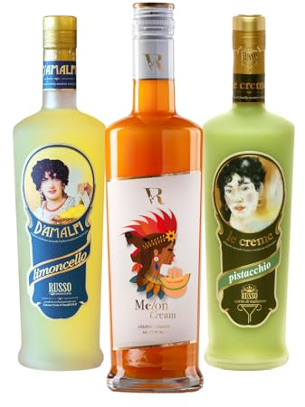 Russo licores italianos crema pistacho, melón y limoncello Amalfi 3x70cl