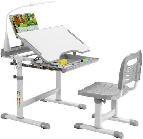 FANTASK höhenverstellbarer Kinderschreibtisch Set mit gekippter Tischplatte & Schublade & mit Bücherständer & LED-Licht, Kinder Schreibtisch (Grau)