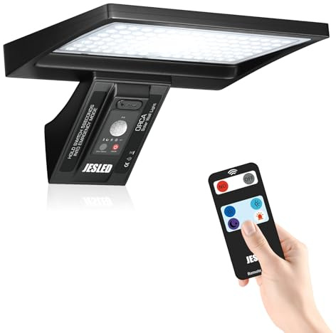 JESLED Lámpara Solar Exterior 104 LED con Sensor de Movimiento y Mando a Distancia, 6000K Luz Blanca, 4 Modos, IP65 Impermeable, Luz de Seguridad para Jardín, Patio, Pared