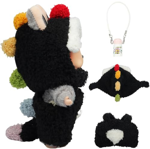3-Piece 17cm Doll Clothes Outfit for Labubu (No Doll), Cute Black Dinosaur Hoodie Jumpsuit with Hoodie and Bag Accessories, Halloween Animal Stylish Clothing for Girls Boys Collectors AK067BK