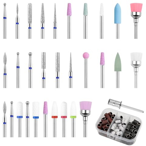 alwaiiz 30 cabezales de fresa de uñas y 75 unidades de puntas de lijado (#80#120#180), metal duro y puntas de cerámica para fresadora de uñas, fresa para manicura y pedicura