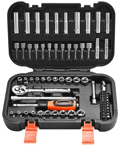 VEVOR Juego de Llaves de Vaso 70 uds, con Llaves de Trinquete, Accionamiento 6,4 mm, SAE y Métricas, con Puntas y Accesorios, Estuche de Almacenamiento, Acero de Aleación CR-V, 257 x 172 x 57 mm | Juego de herramientas mecánicas con brocas, accesorios y estuche de almacenamiento, CR-V, para reparación de automóviles