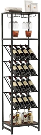 GIANTEX Armadietto Vino per 16 Bottiglie con Portabicchieri | Mensola Multiuso con 3 Ripiani Aperti e Struttura Industriale in Metallo per Cucina, Sala da Pranzo e Bar Domestico