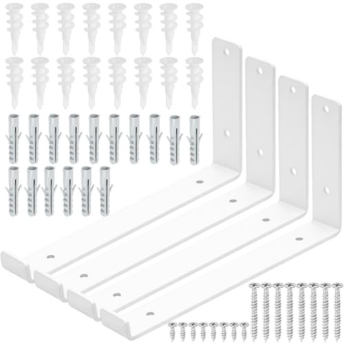 Swpeet 4 Pack 11.2 L x 5.9 H 5mm épais blanc Supports d'étagère lourd avec lèvre, support d'étagère J avec lèvre, support d'étagère flottant en métal J avec vis et ancres Kit pour banc de travail