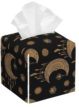 VAFZASC Tissue Box Cover Holder with Bottom, Aesthetic PU Leather Tissue Box Mandala Boho Crescent Moon Sun Dream Catcher Holder Decorative for Bathroom, Home Office Decor