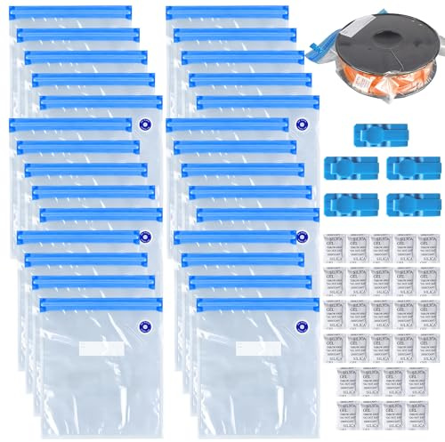 Ferenando 28Stk Vakuumbeutel Lebensmittel mit Ventil Reißverschluss 30x34cm | Vakuumbeutel Filament Wiederverwendbar, Vakuumierbeutel für 3D Filament, Vacuum Bags mit Trockenmittel & Verschlussklammern