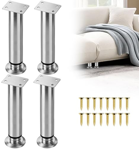 Patas Ajustables para Muebles, 25 – 42 cm, 4 Unidades, Color Acero Inoxidable, Altura Regulable, Patas de Metal, Patas Regulables para Muebles de baño, Patas de Armario, Patas de Mesa, Patas de Cama