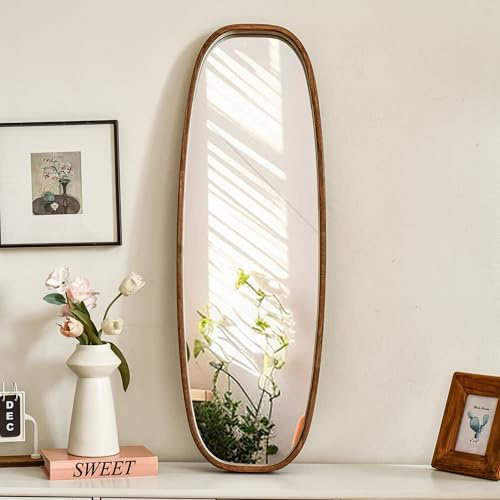 Cagnolier Oval Wandspiegel Holz, 105x35cm Spiegel Groß mit Holzrahmen | Boho Wandspiegel, Rahmen aus Massivholz, Ganzkörperspiegel Asymmetrisch Holzrahmen für Wohnräume, Zimmer, Badezimmer