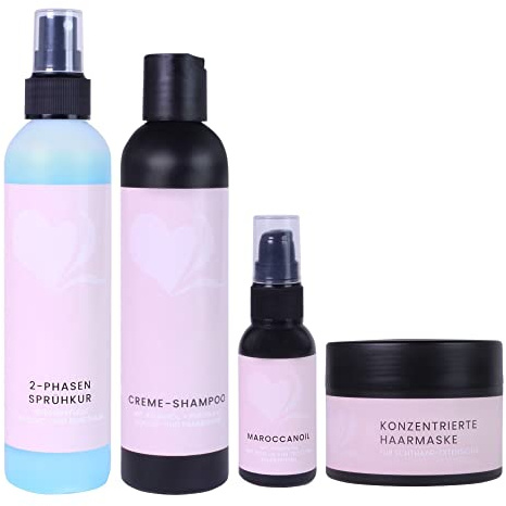 hair2heart Kit de soin pour extensions de cheveux humains - traitement en spray à 2 phases, shampooing crème, huile capillaire et masque capillaire pour des cheveux éclatants de santé