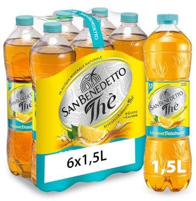 San Benedetto, Thè Deteinato al Limone, 6x1,5 l, Senza Teina e Glutine, Bevanda Fresca e Dissetante, Tappo Click, con Poche Calorie.