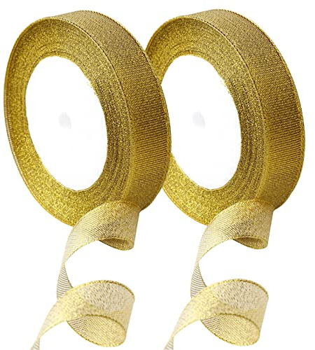 2 Pack Gold Organza Christmas Ribbon,25 Yards 20mm Wide Glitter Trimmings Decorative Wrapping Ribbons for Christmas Thanksgiving Gift,Crafts