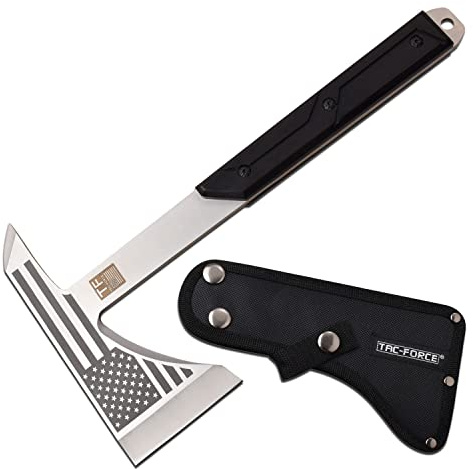TAC-FORCE Tomahawk – Axe - Satin Finish Stainless Steel Blade w/Etched U.S.A. Flag, Black Wood Handle, Full Tang Construction, Includes Nylon Sheath, Tactical, EDC, Rescue - TF-AXE001S