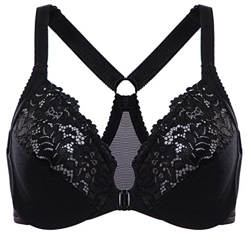 Delimira Women's Front Fastening Bra Racer Back Lace Plus Size Non Padded Underwired Black 36DD