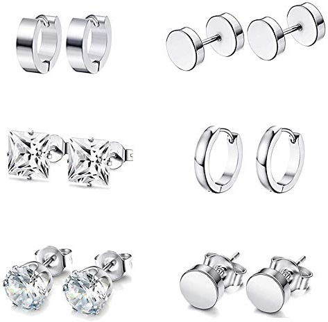 6 par silverörhängen, rostfritt stål CZ skruv dubbar broskörhängen ringar skivstång öronproppar öra piercing triangel skruv dubbar örhängen ändlösa runda huggie ring herrörhängen