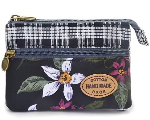 GUXL Women Small Zipper Coin Purse, Handmade Fabric Flower Embroidered Change Pouch, Cotton Double Zipper Wallet