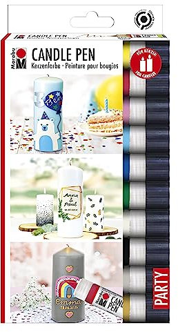 Marabu 1805000009882 - Candle Pen Set, 10 Kerzenpens á 25 ml, cremig, weiche Wachsmalfarbe, auf Wasserbasis, lichtecht, geruchsneutral, wetterfest, kinderleichte Kerzendeko