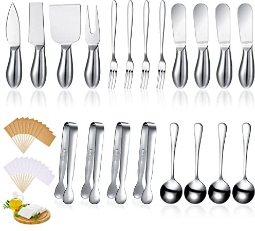 Patelai Charcuterie Board Accessories Cheese Spreader Knife Set Charcuterie Utensils Butter Knife Stainless Steel Mini Serving Tongs Spoons Appetizer Forks for Pastry(Silver,20 Pieces)