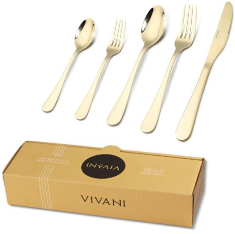 VIVANI 40 Piece Champagne Gold Silverware Set for 8, 18/0 Stainless Steel Flatware Set with Advanced PVD Coating, Dishwasher Safe Cutlery Set for Everyday Home Kitchen and Apartment