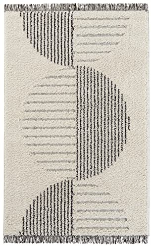 Mint Rugs Akan Teppich Hochflor Wohnzimmer-Teppich Fransen Weich Flauschig Langflor Shaggy Flokati Skandi Kreismuster für Küche Flur oder Schlafzimmer Hoch-Tief Struktur Creme Grau 80x150 cm