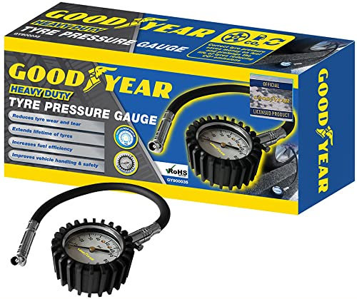Goodyear Manómetro profesional resistente para neumáticos de coche, con manguera de goma y pantalla fácil de leer, reduce el desgaste de los neumáticos
