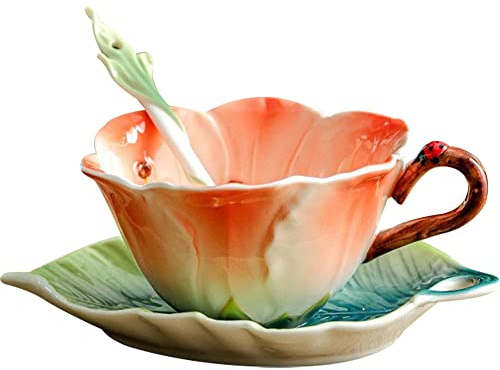 WAYUTO 3D Ceramic Coffee Mug and Saucer Set with Spoon Flower Leaf Coffee Mug Tea Cup with Decorative Handle Vintage Floral Drinking Cups Unique Gifts for Birthday Wedding Christmas 6oz Pink