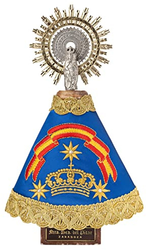 Bordados - Virgen del Pilar con manto. Altura total 24 centímetros (Azul con Bandera de España)
