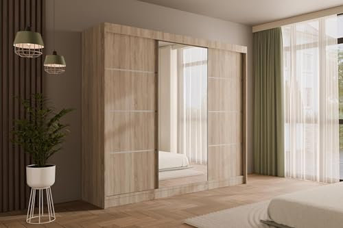 ALTDECOR Kleiderschrank mit Spiegel und Schiebetüren, kugelgelagerte Führungsschienen und Aluminium-Leisten - PAOKI - 250 cm Sonoma