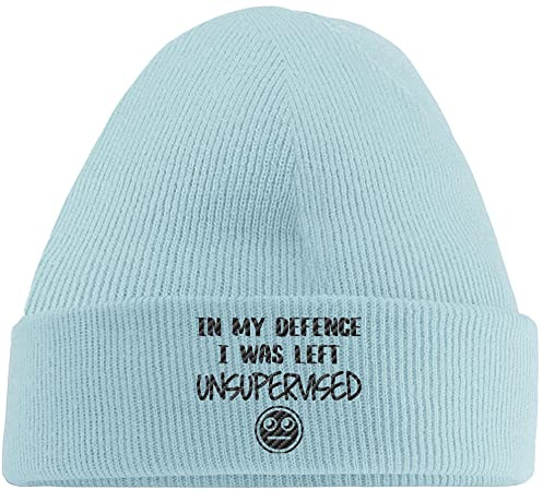 Hippowarehouse in My Defence I was Left Unsupervised Embroidered Beanie Hat Blue with Black Stitch