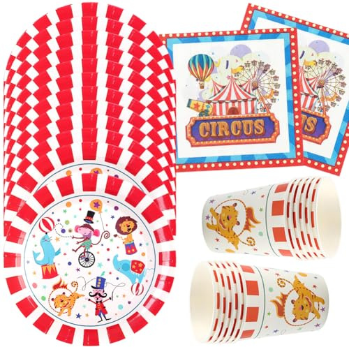 HGSHUO cirkus festservis barnfödelsedag dekoration födelsedag party servis papperstallrik mugg servetter djur bordsdekoration clown karneval semester födelsedagsfest 12 gäster