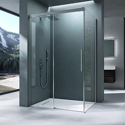 Mai & Mai Cabine de Douche en Angle Transparent sans Receveur 90x100x195cm | Pare-douche avec Porte Coulissante, Paroi de Douche, Verre Trempé Nano 6mm, Montage Réversible, Rav12K