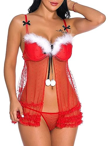 HOTSO Femme Charmant Costume Noël Mère Déguisement Lingerie Sexy Tenue Noël Bikini Robe de Nuit Coquine Ensemble Taille Lingerie