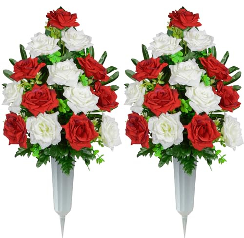 XONOR Artificial Cemetery Flowers, Memorial Rose Flowers Grave Decoration Flower Bouquets with Vase for Cemetery Graveyard Headstones Decor, Set of 2 (Red&White)